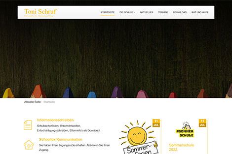 Die Homepage der Volksschule Mürzzuschlag mit Headerbild, Icons und Texten